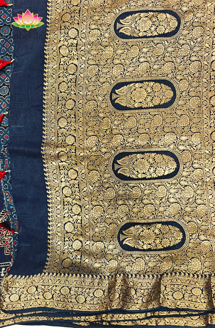 Dola Silk Saree with Ajrakh Handblock Print 7