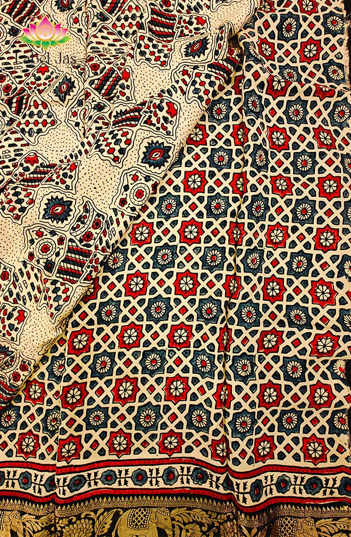 Dola Silk Saree with Ajrakh Handblock Print 8