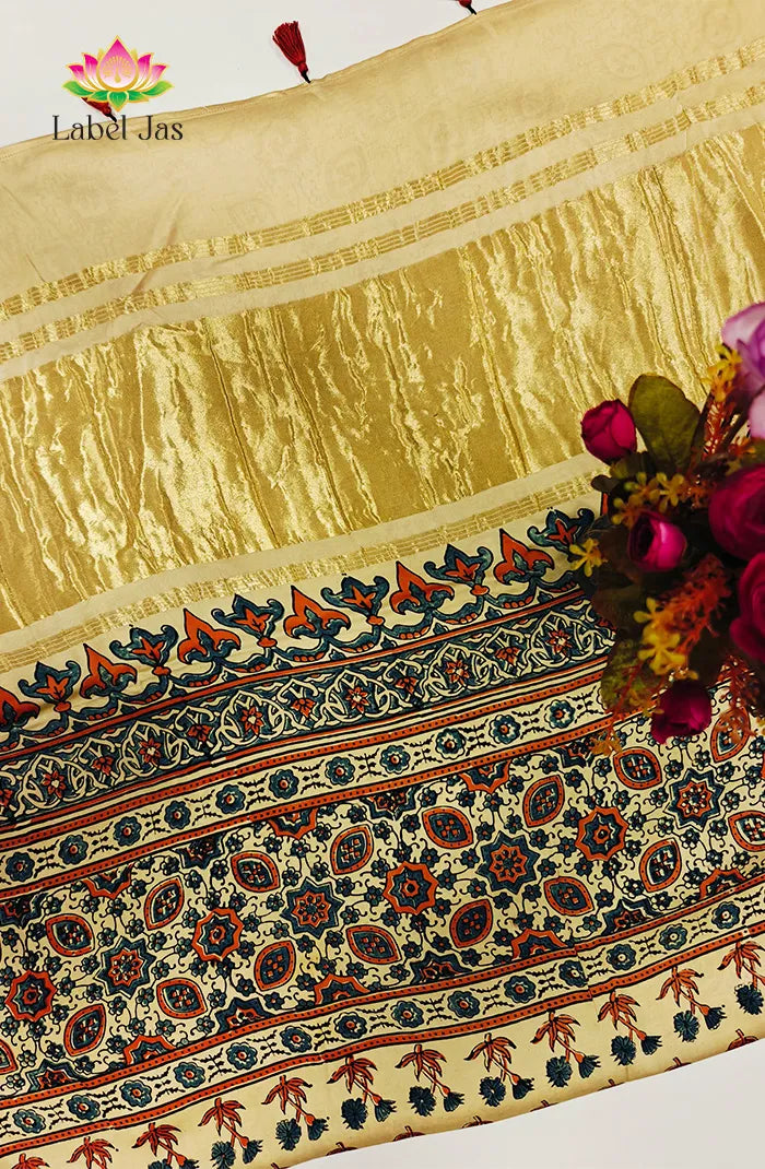 Modal Silk with Ajrakh Handblock Print Saree 3 Secondary image