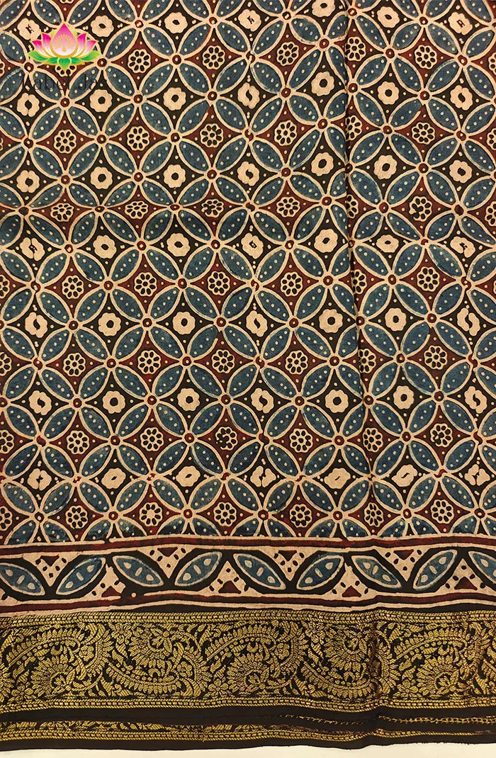 Dola Silk Saree with Ajrakh Handblock Print