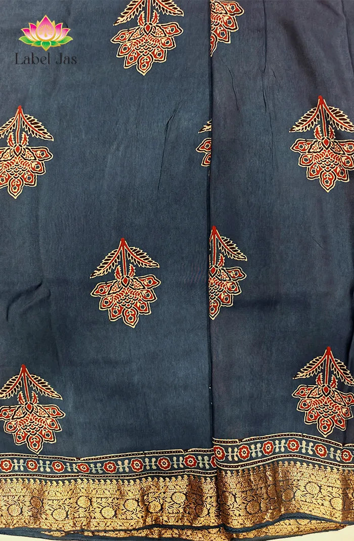 Dola Silk Saree with Ajrakh Handblock Print 7