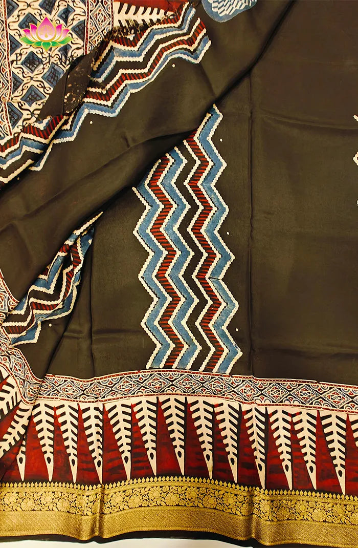 Dola Silk Saree with Ajrakh Handblock Print 9