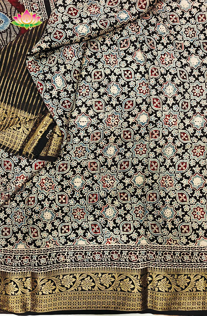 Dola Silk Saree with Ajrakh Handblock Print 6