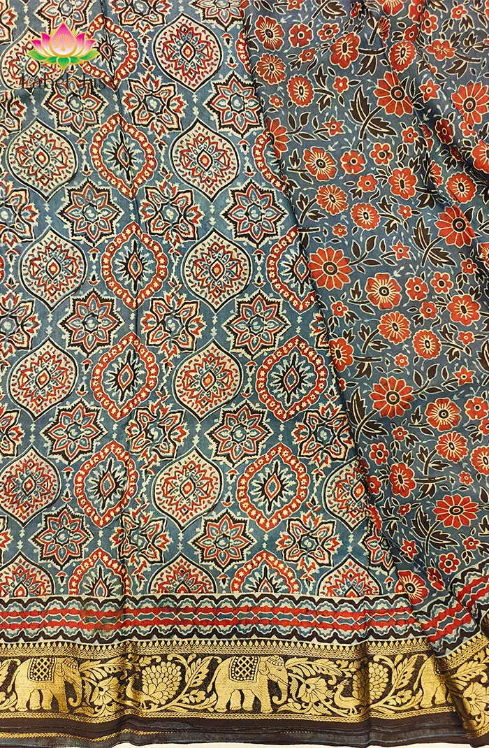 Dola Silk Saree with Ajrakh Handblock Print 3