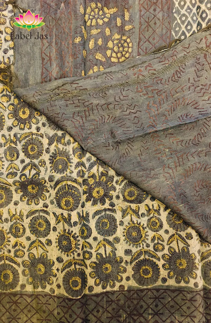 Premium Dupion Silk saree with block print 5 Secondary image