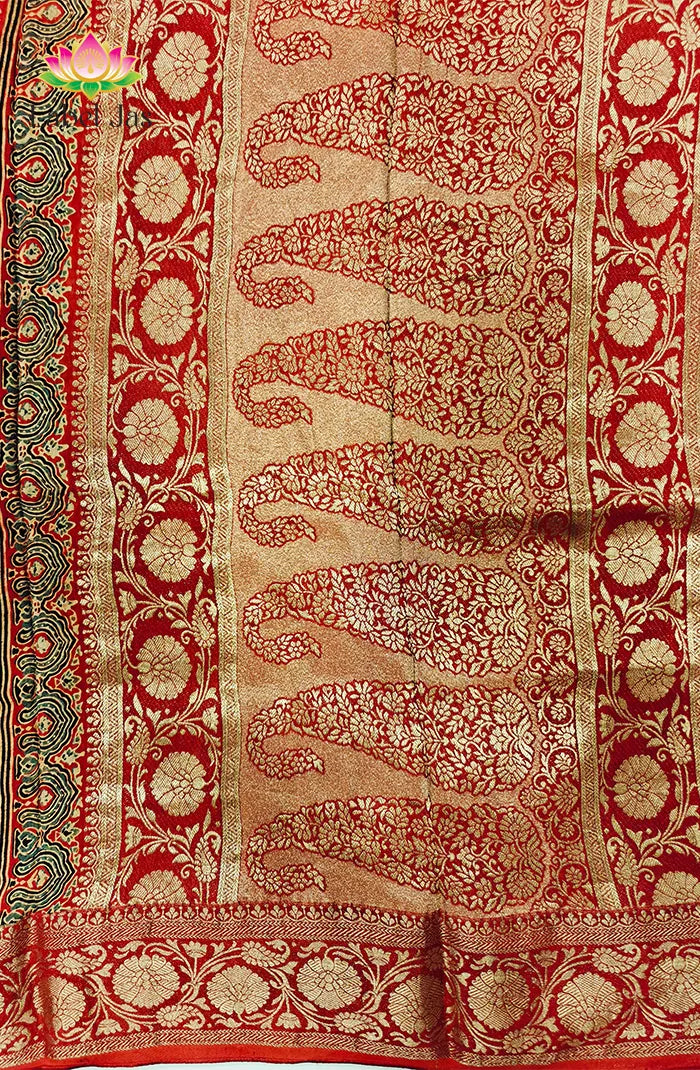 Dola Silk Saree with Ajrakh Handblock Print 4